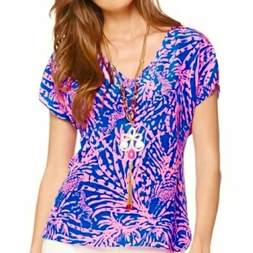 Lilly Pulitzer Asher Top Sapphire Blue and Pink Rollin in the Grass Silk Top S
